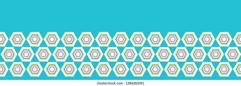 Geometric retro hexagon shape seamless border pattern. Vector ribbon banner background. Summer 1950s quilt tile fashion style. Trendy honeycomb vintage home decor. Drawn graphic textile edge trim tape