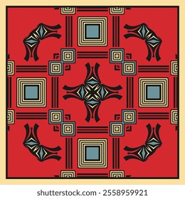 Geometric retro ornament with oriental motifs in a restrained color palette. Vector illustration