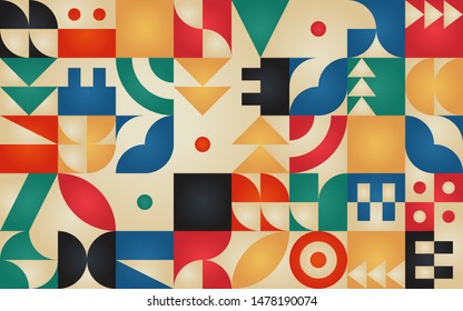 Geometric retro pattern with 30s styled shapes inspired by Bauhaus