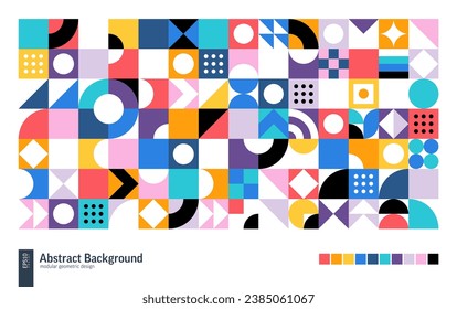Geometric Retro Pattern. Color Abstract Shape Background. Graphic Design Elements Set. Modern Bauhaus Vector Art. Corporate Poster, Banner, Cover. Triangle, Square, Circle Forms. Module Grid Construct