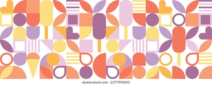 geometric retro pattern in delicate colors, pattern of geometric shapes of hearts and ice cream, seamless pattern for wrapping paper and fabric