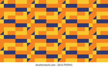 Geometric retro pattern with stacked rectangular blocks in orange, yellow, and navy blue