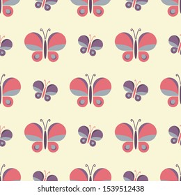 Geometric retro pink butterfly vector pattern design.Nature wildlife vintage swatch. Abstract purple insect for Textile Fabric. 