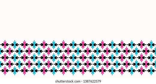 Geometric retro shape seamless border pattern. Vector ribbon trim stripes background. Pretty turquoise blue pink  geo fashion style. Trendy modern home decor. Hand drawn summer textile edging tape.