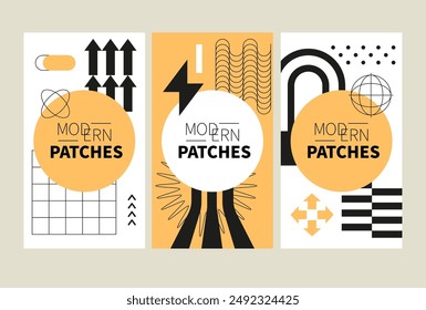 Geometric and retro shapes - set of vector template illustrations on white background with place for your info. Yellow and black. Three vertical posters of high quality for your business idea