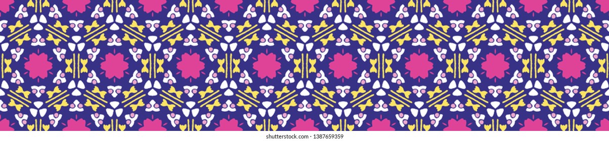 Geometric retro square daisies seamless border pattern. Vector ribbon trim background. Pretty summer 1950s quilt tile fashion style. Trendy vintage home decor edging. Hand drawn boho textile banner