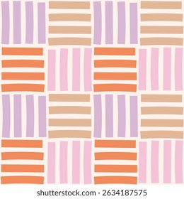 Padrão Contínuo De Bloco De Faixa Retro Geométrico. Layout de ladrilho abstrato com quadrados listrados em tons pastel alternados para design vintage. Repetir ilustração vetorial