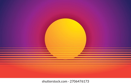 Geometric retro style art background with sunset or sunrise and horizontal lines