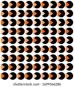 Geometric retro style design with circles and triangles. Three shades of orange. Resembles old school video game themes. Repeating pattern.