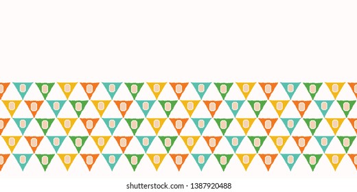 Geometric retro triangle shapes seamless border pattern. Vector banner background. Summer bunting fashion edging. Trendy kids vintage home decor trimming. Hand drawn fun textile trim. Orange green