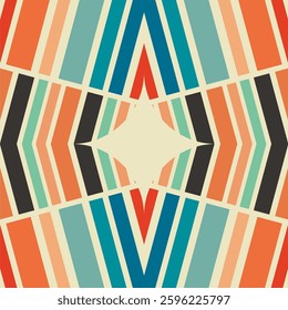 A geometric retro vector background with bold, angular shapes and a symmetrical pattern featuring warm and cool tones, including orange, teal, black, and cream.