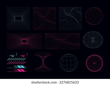 Geometric retro wireframe 3d shapes, futuristic and cyberpunk grid elements with rave style, abstract background with glowing neon lights