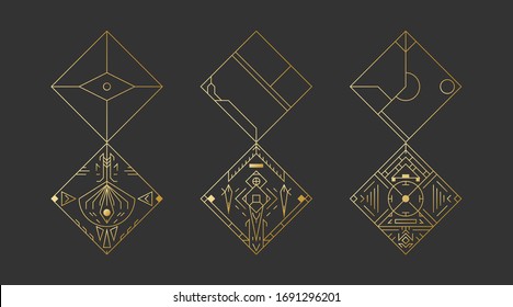 Formas de hombus geométrico, tramas de deco vectorial de arte abstracto. Diseño de línea de moda Hipster 1920. Diseño de póster gráfico de lujo. Señales e íconos elegantes. Arte ilustrativo tribal misterioso