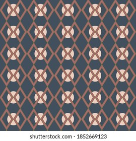 Geometric rhombuses and circles vector seamless pattern, color seamless pattern, blue and pink pattern. Retro mid century 1960s style.