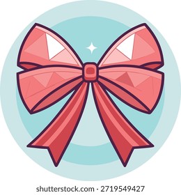 Icono geométrico del arco de la cinta en la insignia circular, símbolo decorativo plano del arco del regalo que envuelve en rojo y rosa para el Festiva, el día de San Valentín, la Boda y la celebración Diseños Vector