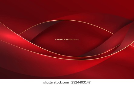 Geometric ribbon shapes red luxury celebration vector background with golden lines. 