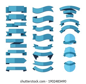 Geometric ribbon stripes banners set. Blue templates for advertising and marketing promotion curved linear promo decorations for fashion discounts and offer forms. Vector graphic element.