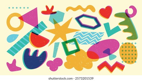 Geometric risograph forms. Abstract minimal primitive shapes with halftone texture, modern bauhaus brutalism figures. Vector graphic set.