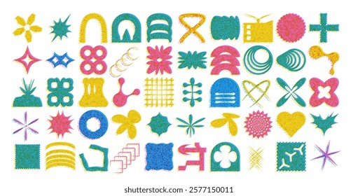 Geometric risograph shapes set. Brutalism postmodern figures pack. Retro y2k forms. Simple graphic distortion stickers. Vector flat refraction elements collection illustration.