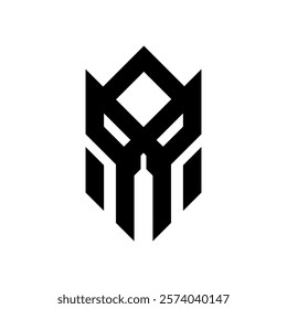 Geometric robot skull logo. Gaming, esport, symmetrical, black, sharp lines, eyes, hard. Vector