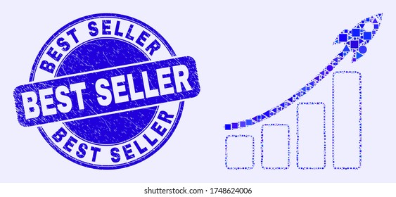 Geometric rocket bar chart mosaic icon and Best Seller seal stamp. Blue vector rounded distress seal stamp with Best Seller title. Abstract collage of rocket bar chart composed of circle, tringle,