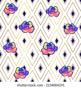 Geometric Rose Flower Seamless Pattern in Rainbow or Multi Color