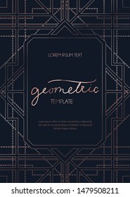 Geometric rose gold design template vector illustration. Colorful lines on layout, flayer or invitation card with deep black background flat style concept. Place for text