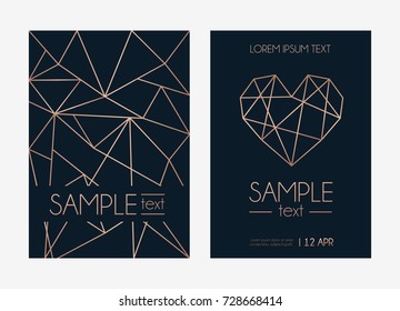 Geometric rose gold design template set. Modern design for wedding invitation, greeting card, anniversary. Navy blue background with geometric rose gold circle. Vector illustration