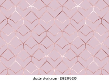 Geometric rose gold glitter hearts grid seamless pattern.