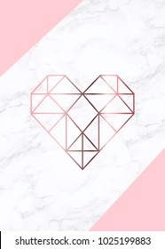Geometric rose gold heart shape with marble background texture design for packaging, wedding card and cover template.  