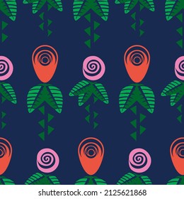 Geometric roses with thorns and artistic leaf on a blue background. Neon flowers. Seamless pattern. Vector illustration.