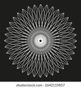 Geometric rosette shape. Radiant line symbol. Abstract flower pattern. Vector dark form.
