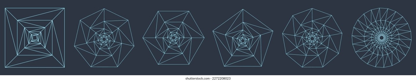 Conjunto de elementos de pieza giratoria geométrica - visualización de tipos de helix de polígono - concepto vectorial de giro eterno
