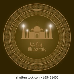 geometric round arabic frame with Eid Mubarak mosque and hand drawn calligraphy with gloss