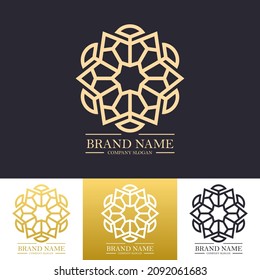 Geometric round gold islam star logo. Vintage design element in trendy linear style. Emblem luxury beauty spa, natural badge for cosmetics
