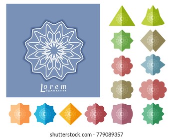 Geometric round ornament, Mandala pattern, 3d symbol with shadow and different shapes of label. Line art stylized floral element for logo, icon, emblem, business card, invitation Tribal ethnic decor