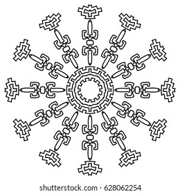 Geometric Round Pattern. Ethnic Ornament in Aboriginal Style. Black and White Arabesque. Large Detailed Mandala. Adult Coloring Book