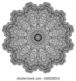 Geometric Round Pattern. Ethnic Ornament in Aboriginal Style. Black and White Arabesque. Large Detailed Mandala. Adult Coloring Book