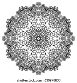 Geometric Round Pattern. Ethnic Ornament in Aboriginal Style. Black and White Arabesque. Large Detailed Mandala. Adult Coloring Book