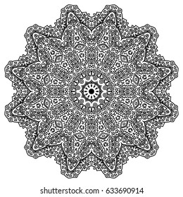 Geometric Round Pattern. Ethnic Ornament in Aboriginal Style. Black and White Arabesque. Large Detailed Mandala. Adult Coloring Book