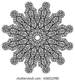 Geometric Round Pattern. Ethnic Ornament in Aboriginal Style. Black and White Arabesque. Large Detailed Mandala. Adult Coloring Book