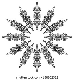 Geometric Round Pattern. Ethnic Ornament in Aboriginal Style. Black and White Arabesque. Large Detailed Mandala. Adult Coloring Book