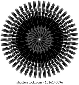 Geometric round pattern ornament with black stripes. Circle black and grey shining pattern on white background.
