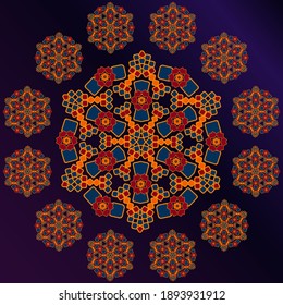 Patrón redondeo geométrico. Mandala tribal. Círculo aislado en el fondo del degradado. Ilustración vectorial.