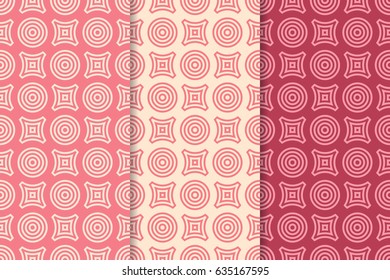 Geometric round shape red seamless patterns set. Circles and rhombus. Vector illustration