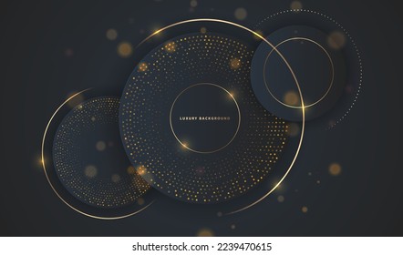 Geometric round shapes with gold lines and dots luxury abstract on black background. Shiny circles glitter invitation card vector design. 