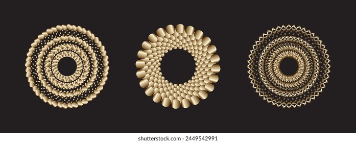 Una Ilustración vectorial redonda geométrica en tono oro metálico sobre fondo negro. Ideal para encuadres, iconos circulares, señalización y símbolos.