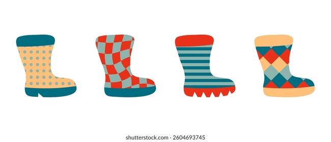 Geometric rubber garden boots clipart collection in retro style. Perfect for poster, card, label, sticker. Isolated vector illustration for decor and design.
