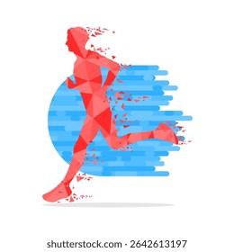 Geometric runner in red and blue color isolated on white background. Running colorful vector illustration.