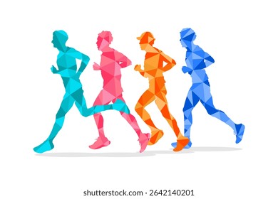 Geometric runner set in rainbow colors isolated on white background. Running colorful vector illustration.
